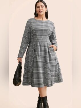 BloomChic Houndstooth Round Neck Shirred Tucked Seam Dress - Women